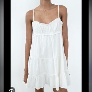 Zara White Cotton Tiered Babydoll Mini Dress |Muslin Summer 100% Cotton | Small
